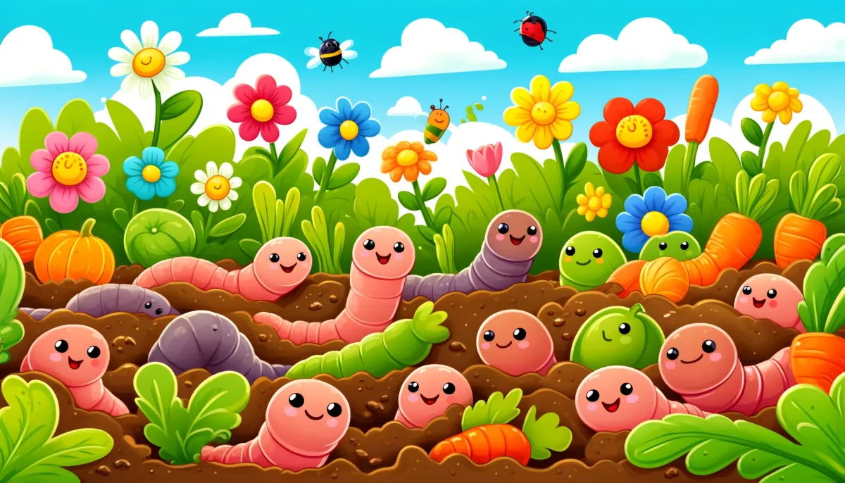 Cartoon image of earthworms in a garden