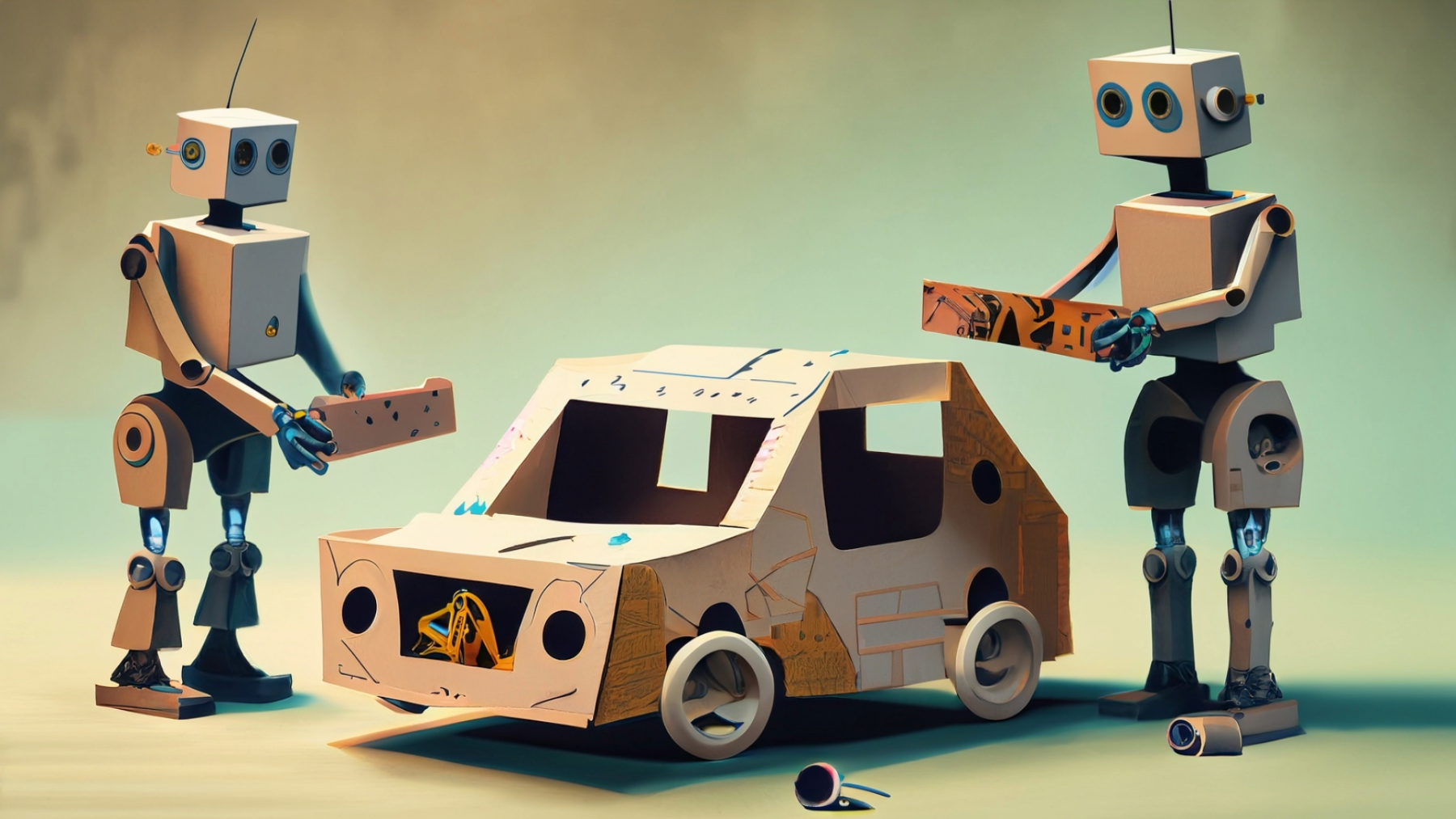 Robots building cardboard cars